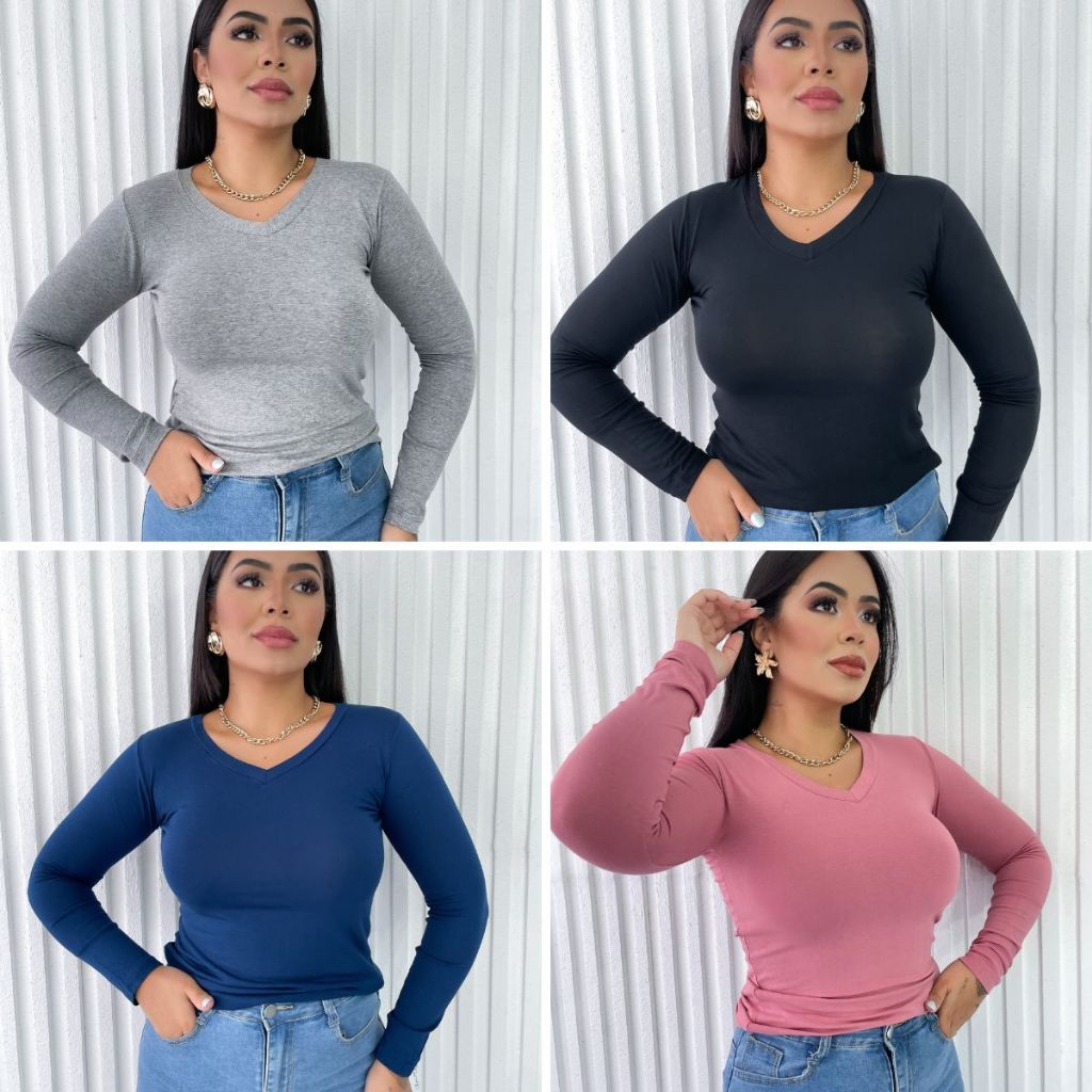 Kit 4 Blusa Feminina Gola V Manga Longa Segunda Pe