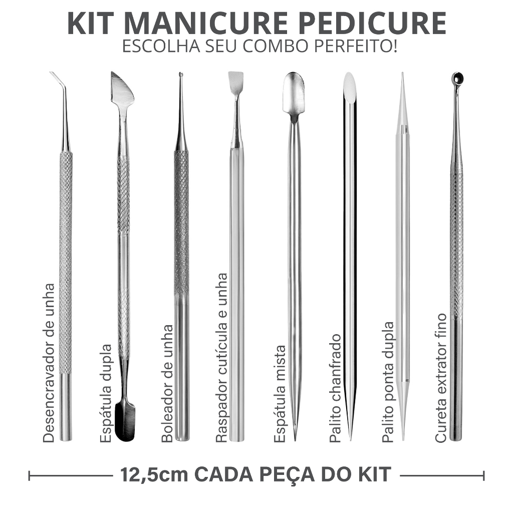 Kit Manicure Espátula Dupla Palito Inox Profissio