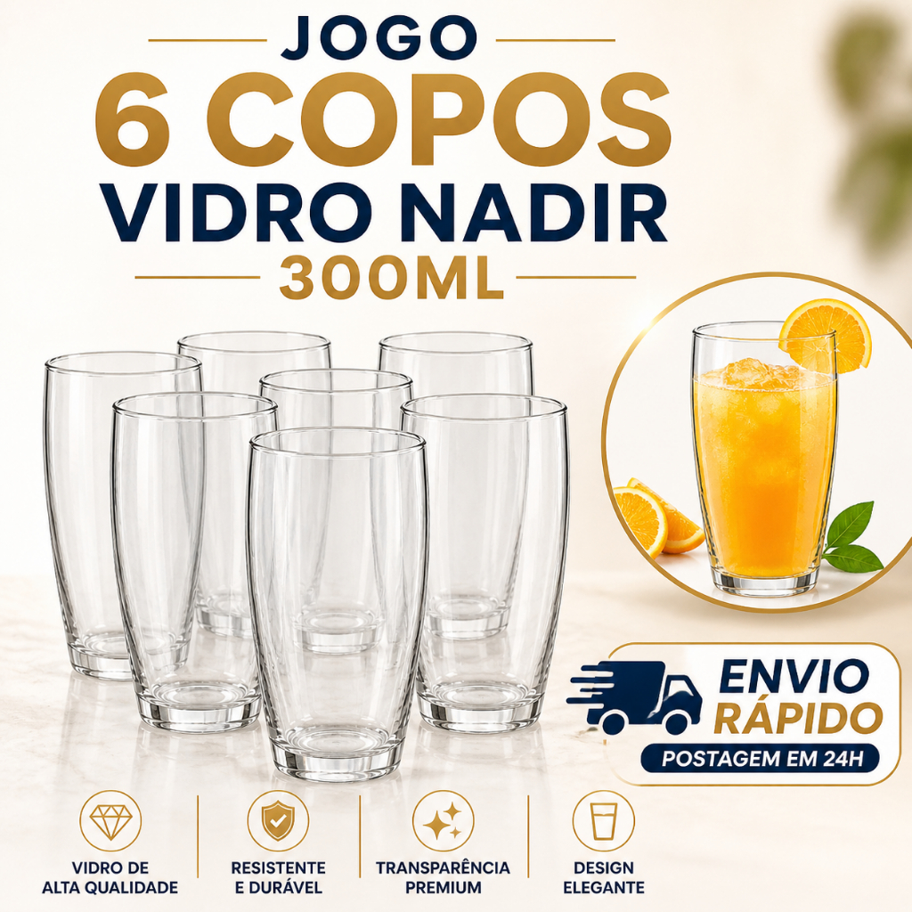 Jogo 6 Copos de Vidro Nadir 300ml Oca Long Drink R