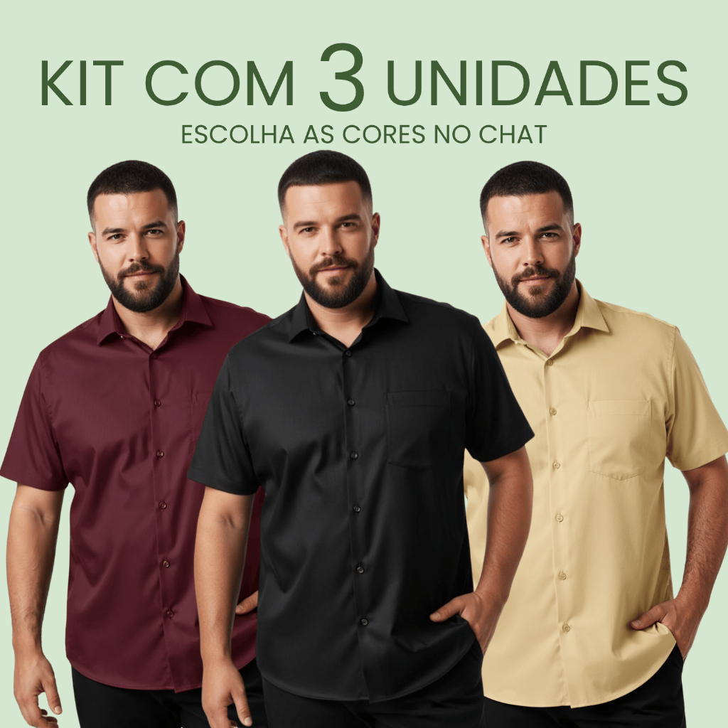 Kit 3 Camisa Social Masculina Plus Size Masculina 