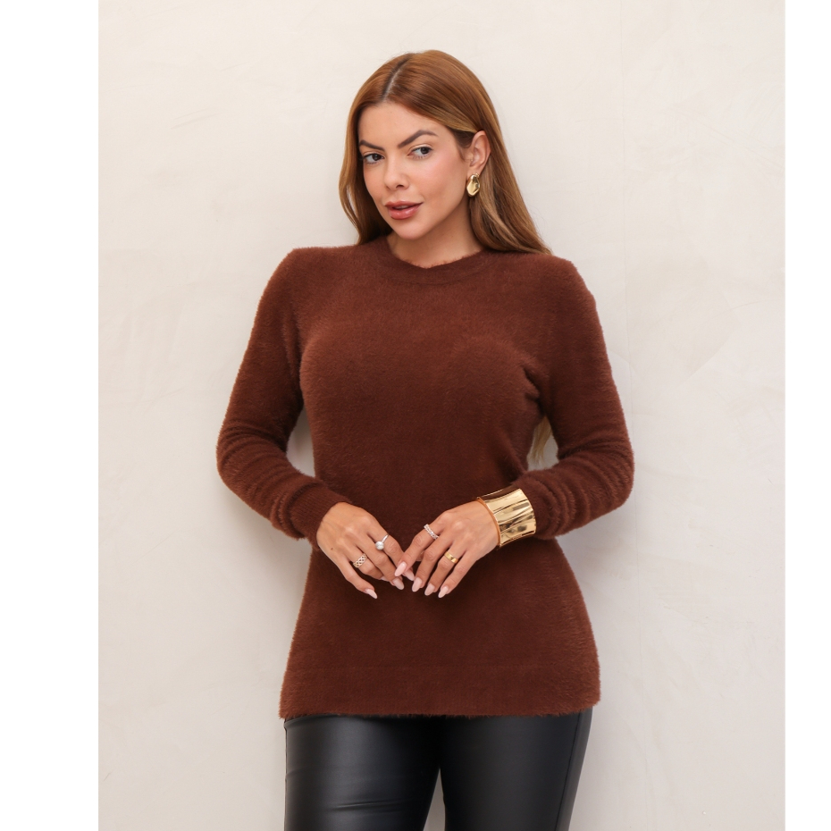 Blusa Feminina Suéter Pelinho Grosso Gola Redonda