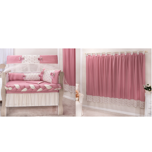 KIT ENXOVAL PARA BERÇO MICROFIBRA ROSE COM DETALH