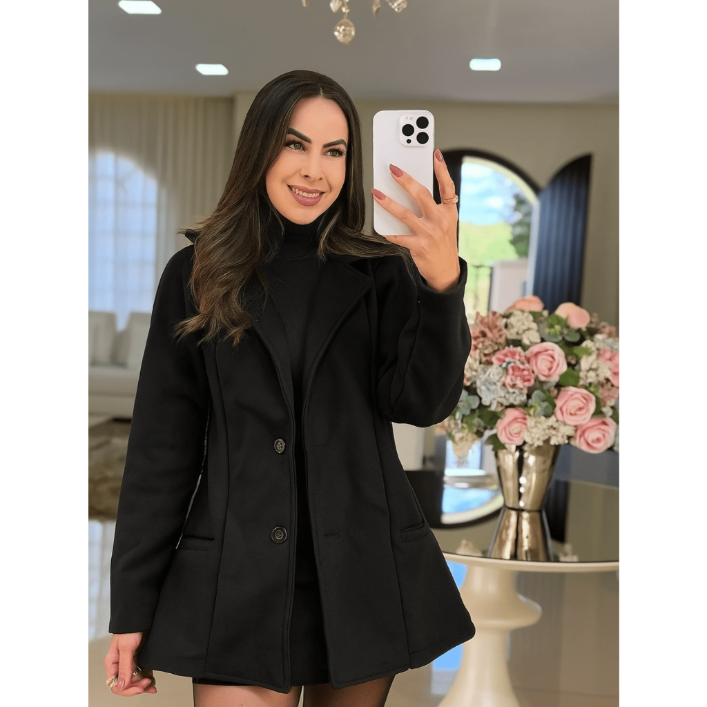 Casaco Sobretudo Blazer Médio Feminino com Bolsos