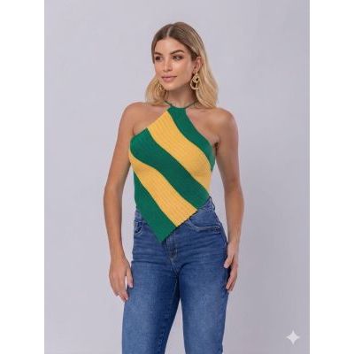 Cropped Top Lenço Listrado Feminino Tricot Modal