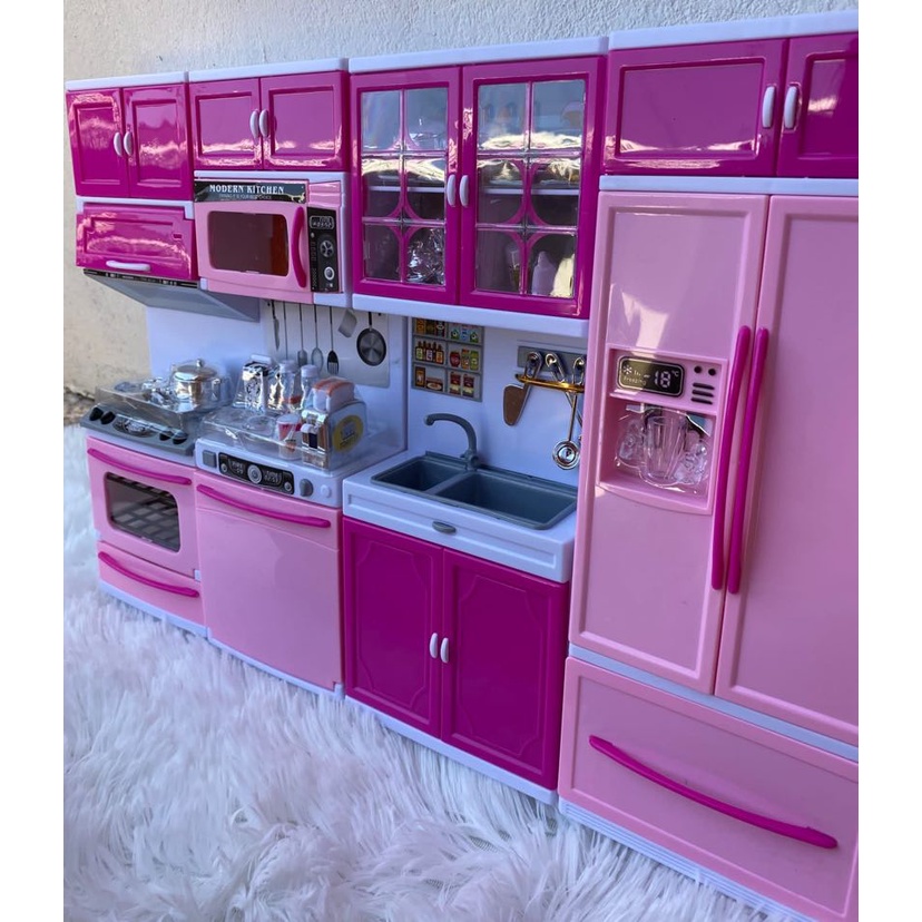 Cozinha Rosa Infantil Kit Geladeira Fogão Armári