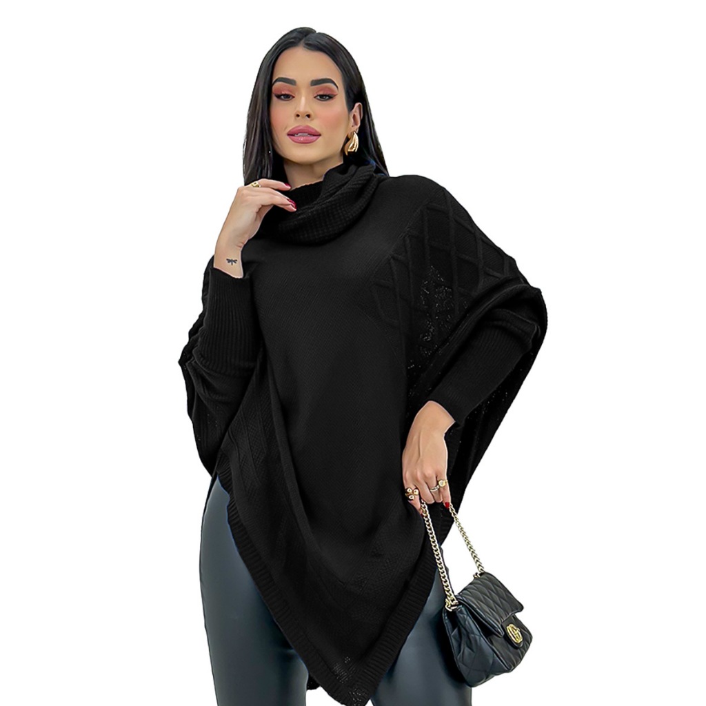 Poncho Casaco Lã Feminino Trico Blusa De Frio Inv