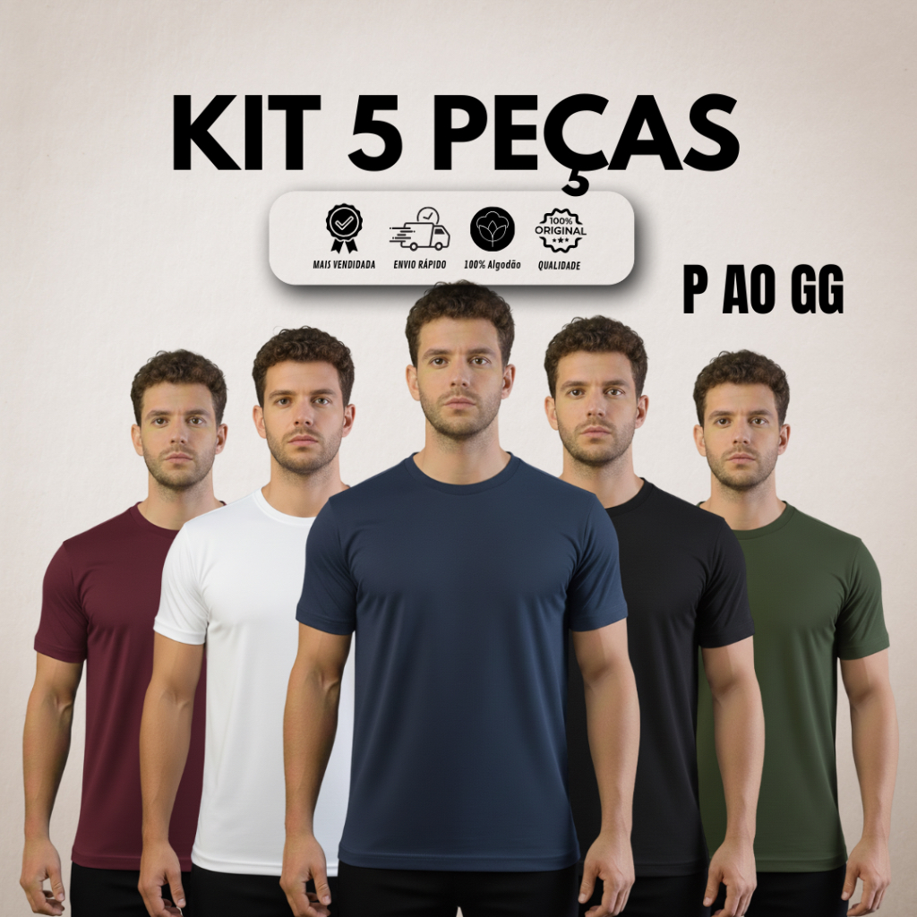 Kit 5 Camisetas Masculina Lisa Básica 100% Algod�
