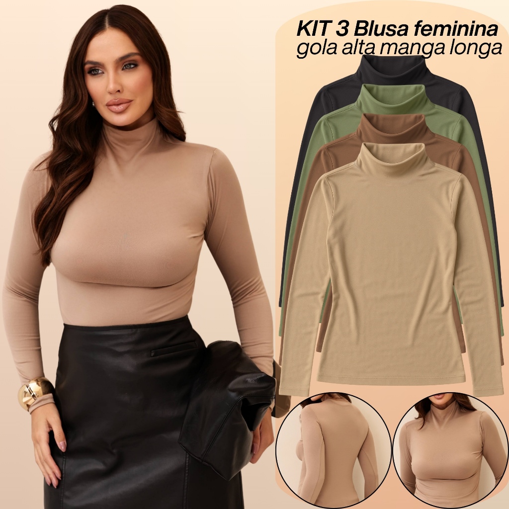 KIT 3 Blusas Feminina Cacharrel Gola Alta Manga Lo