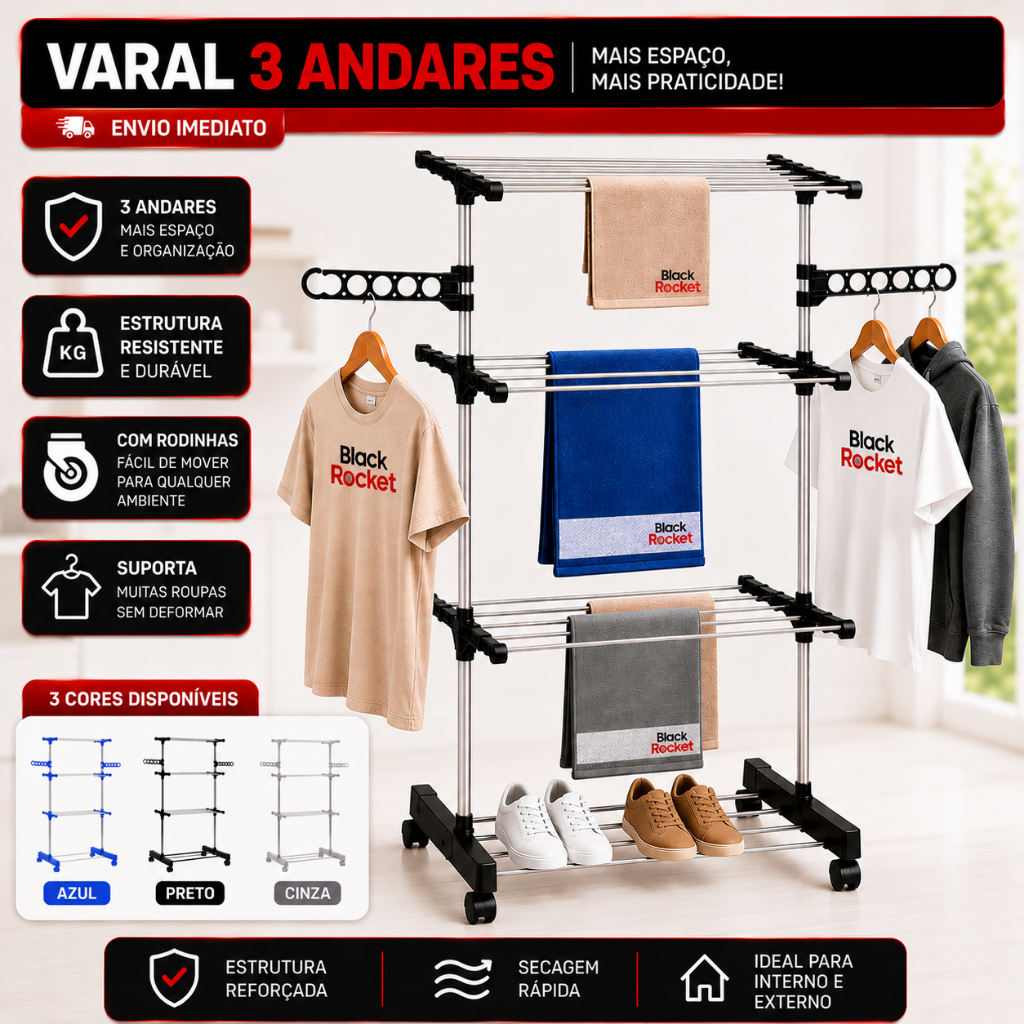 Varal De Chão Roupa Calcinha Prateleiras 3 Andare