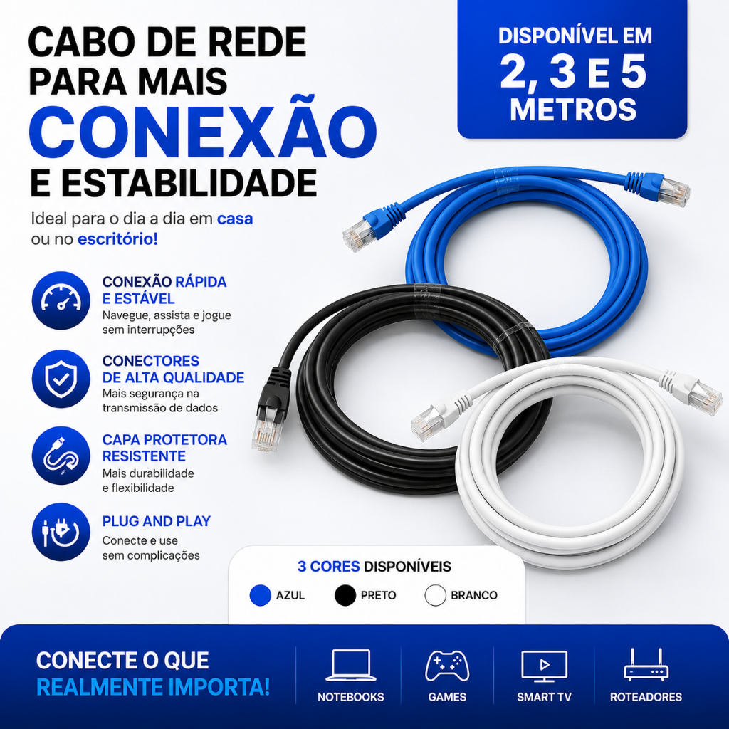 Cabo De Rede Internet RJ45 Patch Cord 2m 3m 5m Par