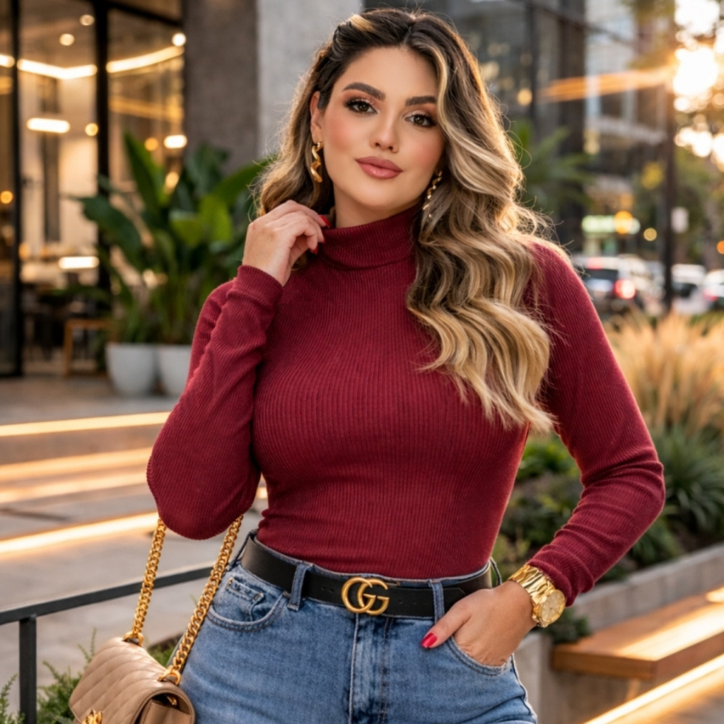 Blusa de Frio Feminina Plus Size Manga Longa Gola 
