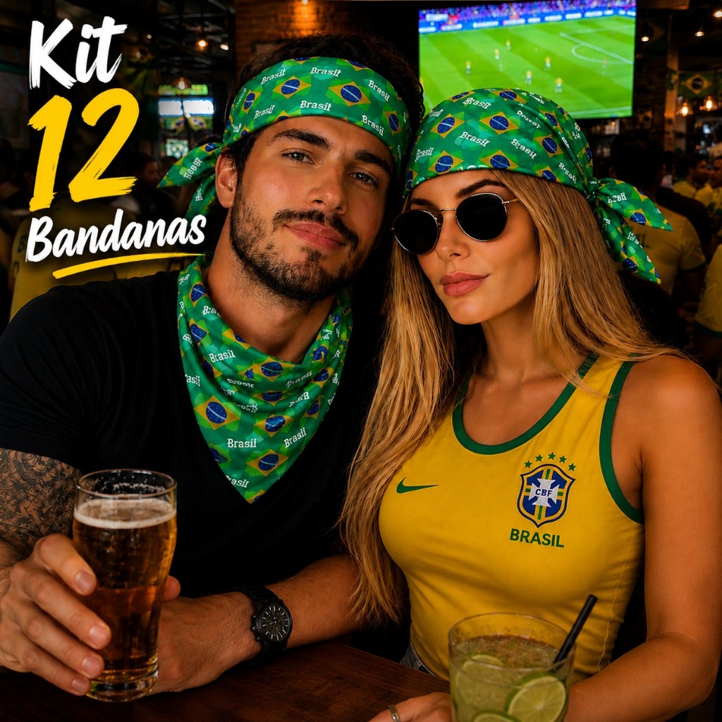 Kit com 12 Bandana Lenço Bandeira Brasil Torcida 