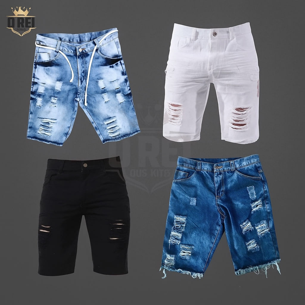 Kit com 4 Bermudas Jeans Rasgada com Lycra Masculi