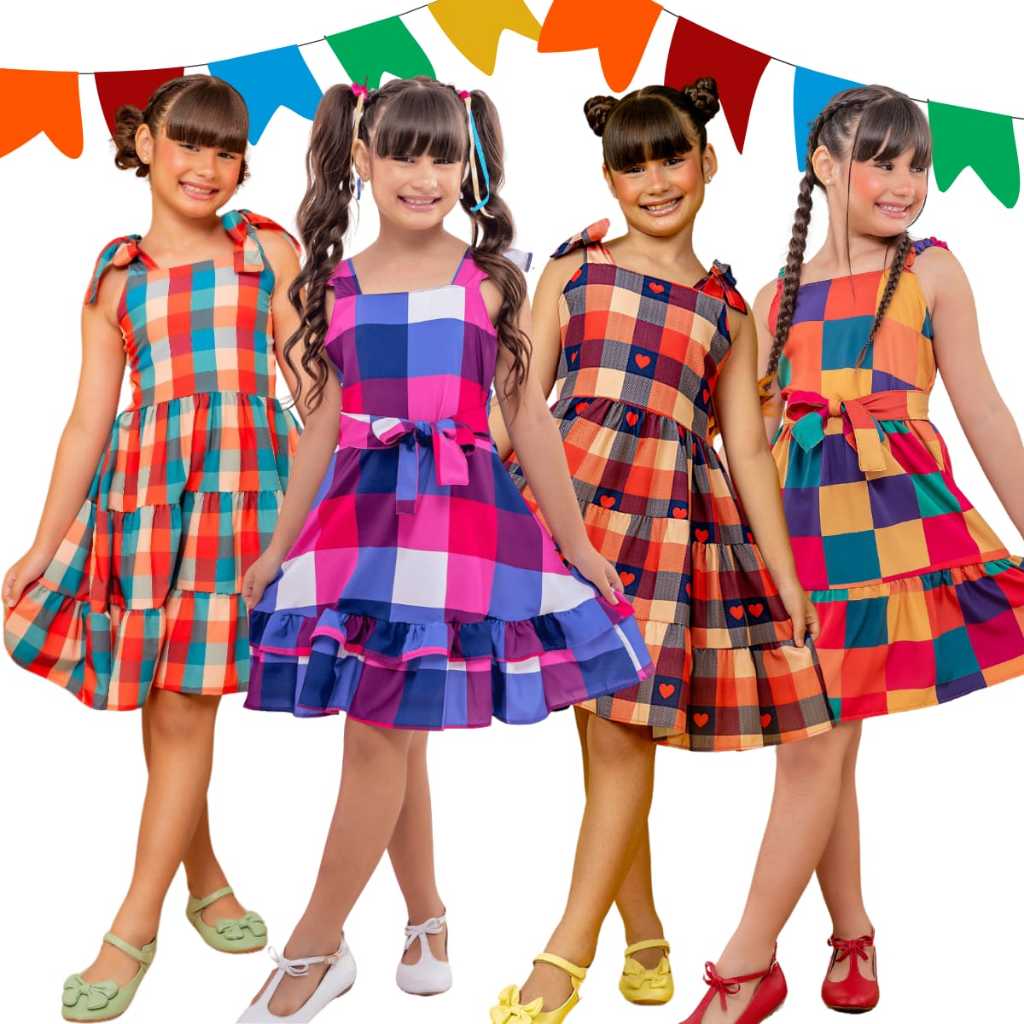 Vestido Festa Junina Infantil Xadrez Caipira Luxo 