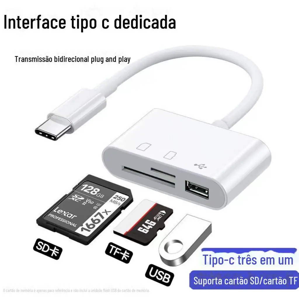 Adaptador leitor cartão de memória 3 em 1, SD, M