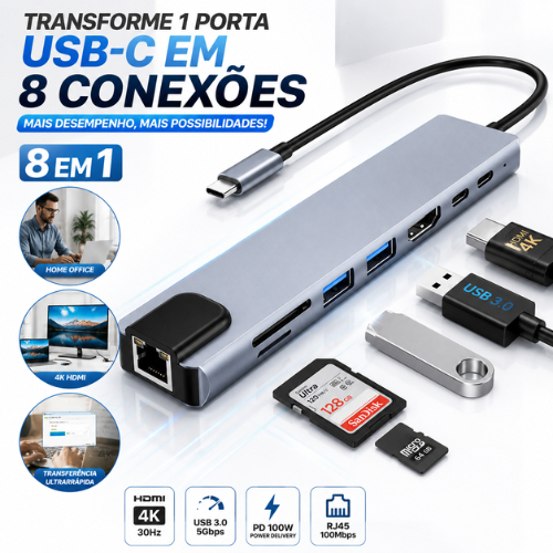 Hub USB C 8 Em 1 HDMI 4K Adaptador Type C Dock Sta