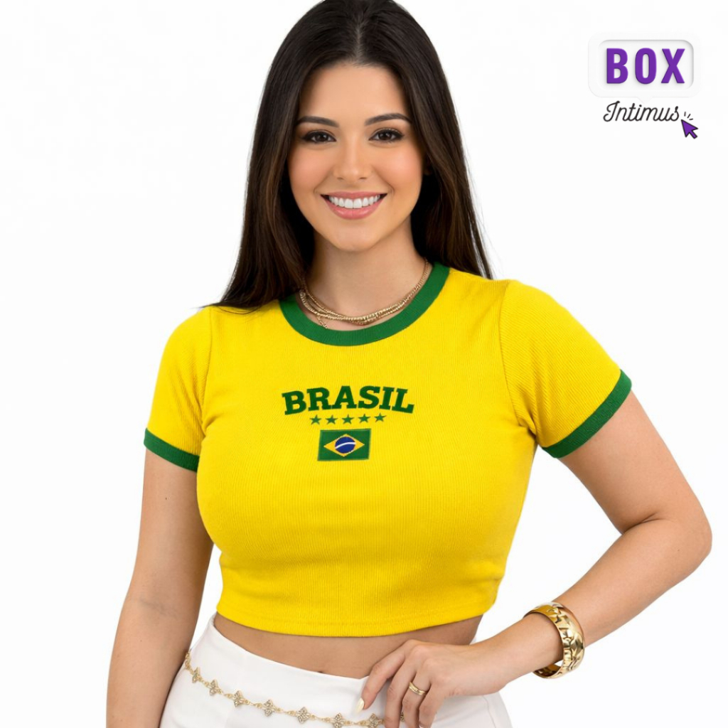 Camiseta Baby Look Brasil Feminina Canelada Bordad