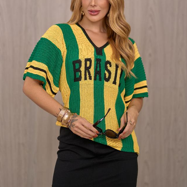 Blusa Tricot Brasil Feminina Oversized Decote V Br