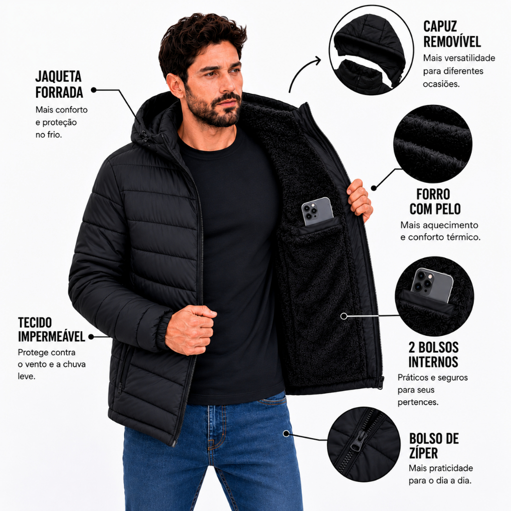 Jaqueta Puffer Forrado Pelinho Masculino Inverno C