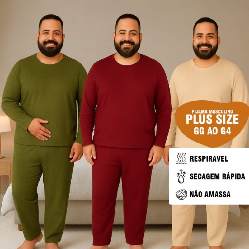 Pijama Masculino Plus Size de Inverno Malha  Manga