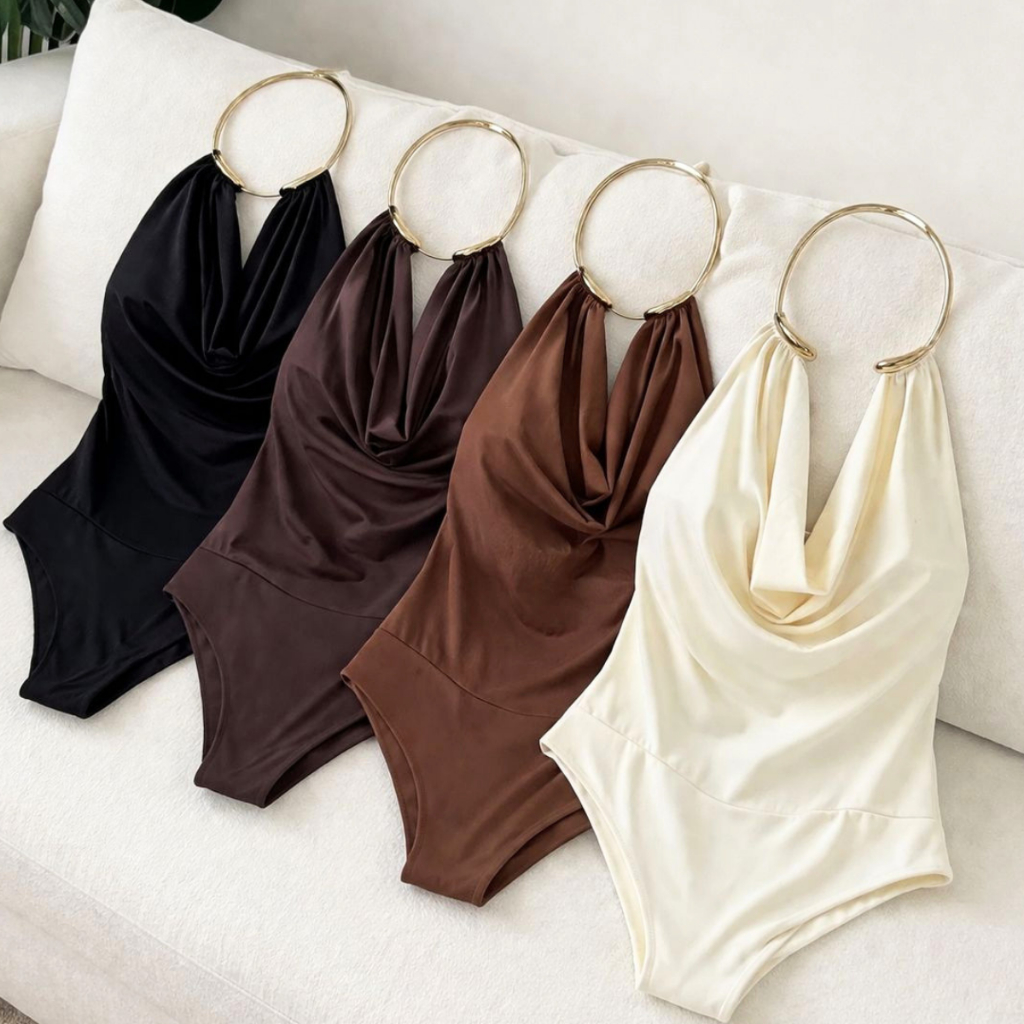 Body Feminino Luxo Decote Drapeado com Argola Dour