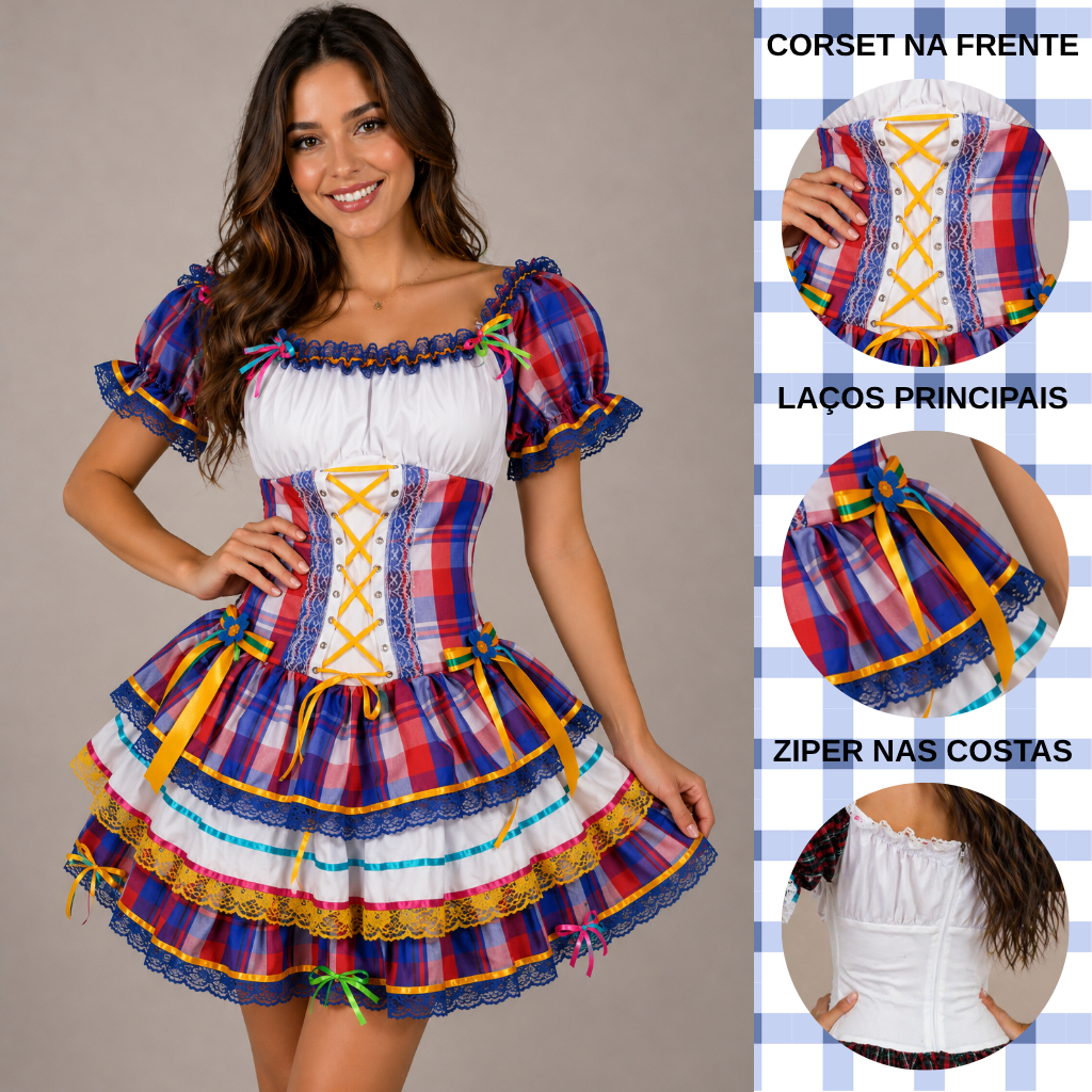 Vestido Festa Junina Adulto Caipira  Cetim com Ren