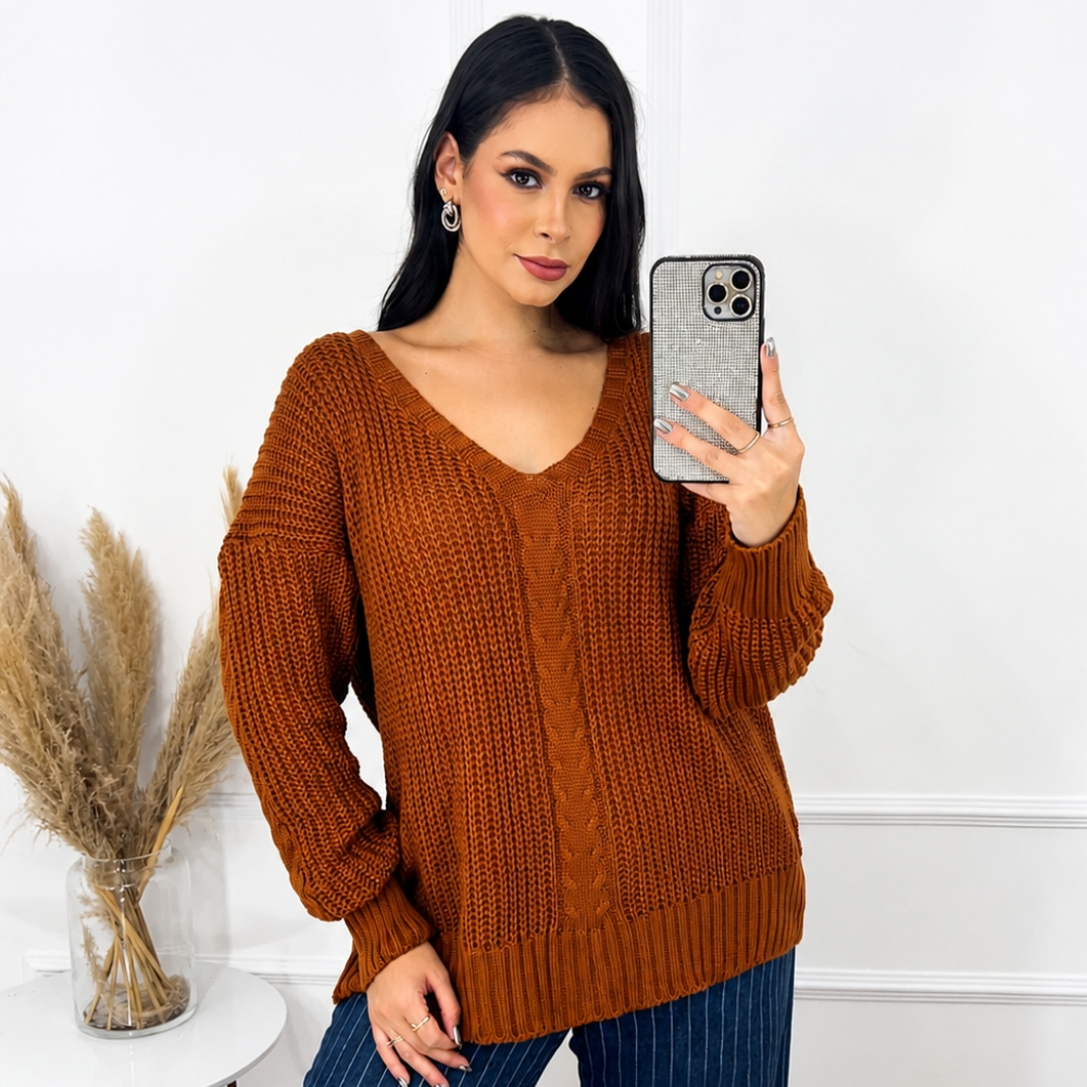 Blusa Tricô Feminina Oversized Manga Longa Gola V