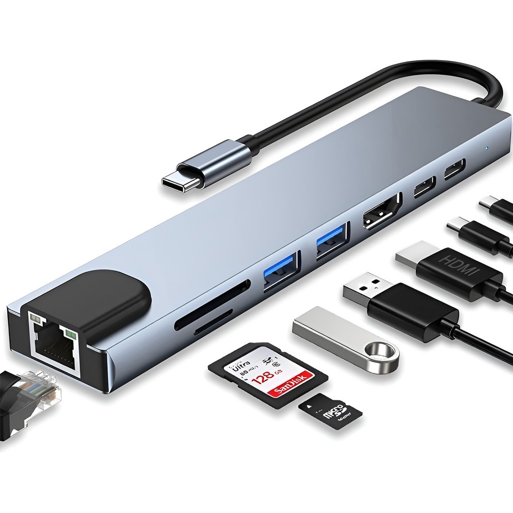Hub USB-C 8 em 1 USB 2.0/3.0 HDMI 4K RJ45 Rede SD