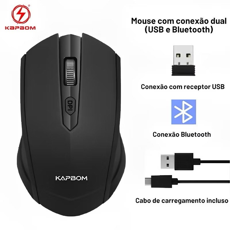 Mouse sem fio recarregável de 1600 DPIcom conexã