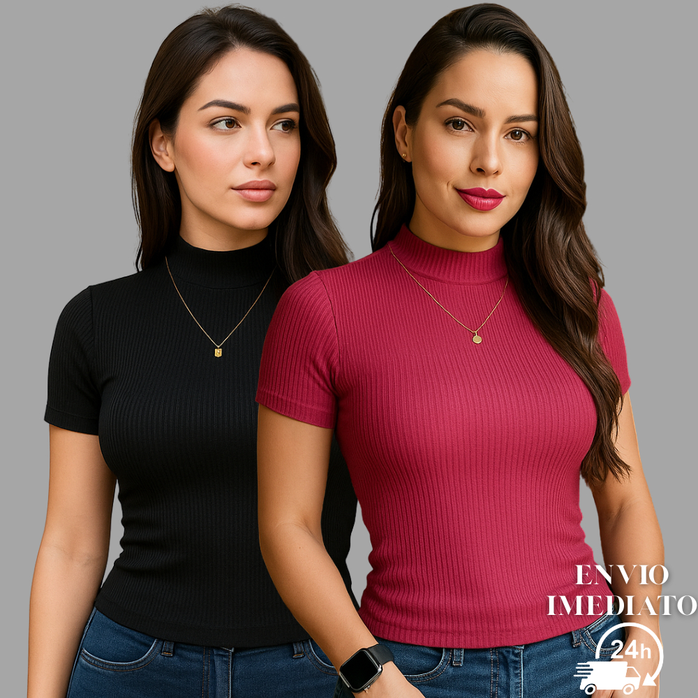Kit 2 Blusa Canelada Feminina Gola Alta