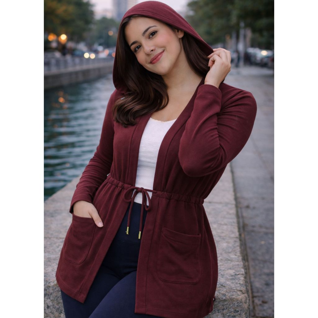 Cardigan Feminino Alongado com Capuz e Cinto Ajust