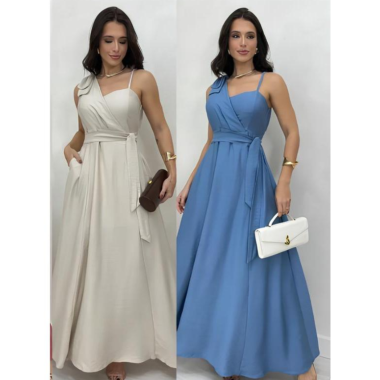 Vestido longo com laço no ombro, alça única reg