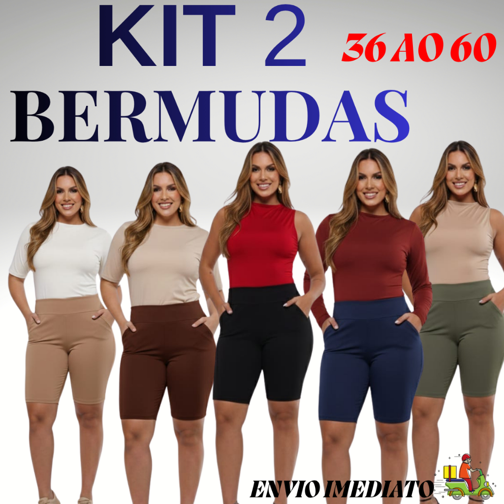 Kit 2 Bermudas Feminina Malha Short Longo Cintura 