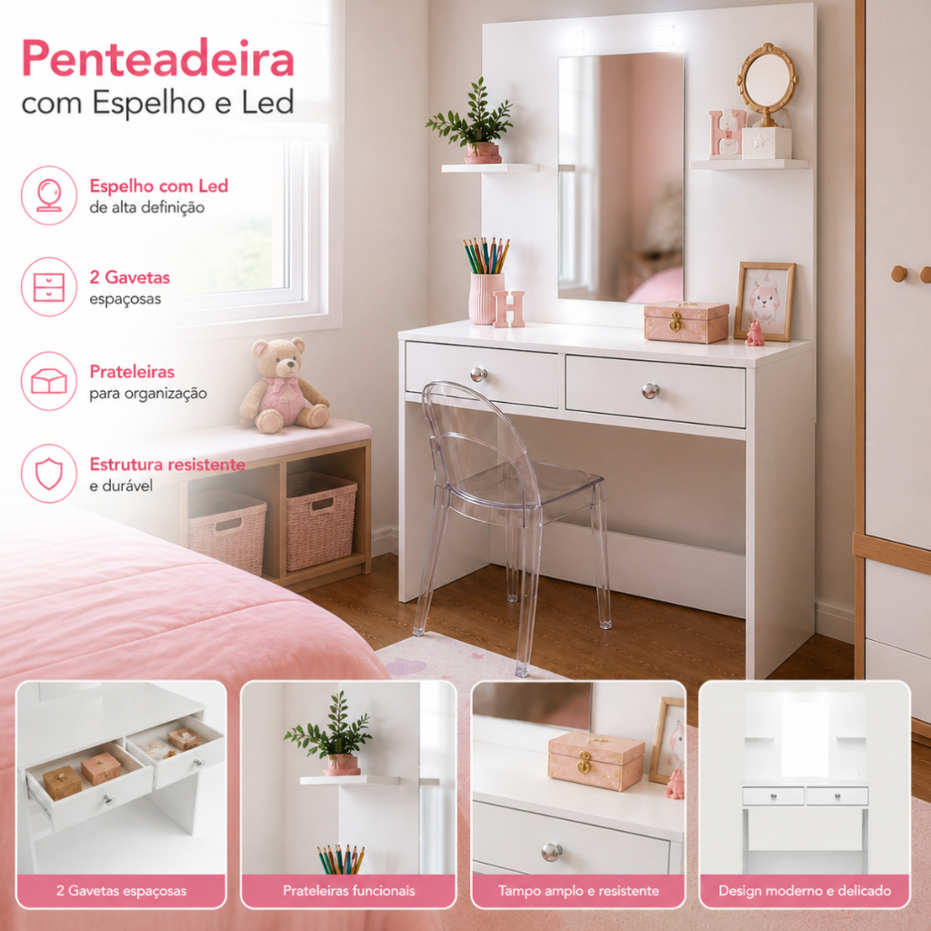 Penteadeira Compacta Com Espelho Maquiagens Com LE