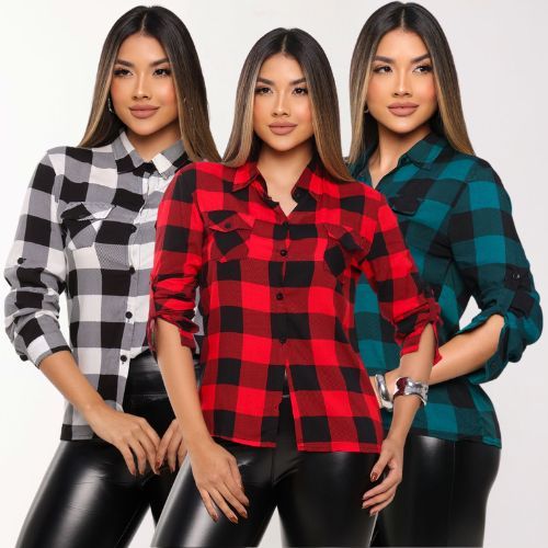 Camisa Xadrez Femenina Quadriculado Manga Longa Vi