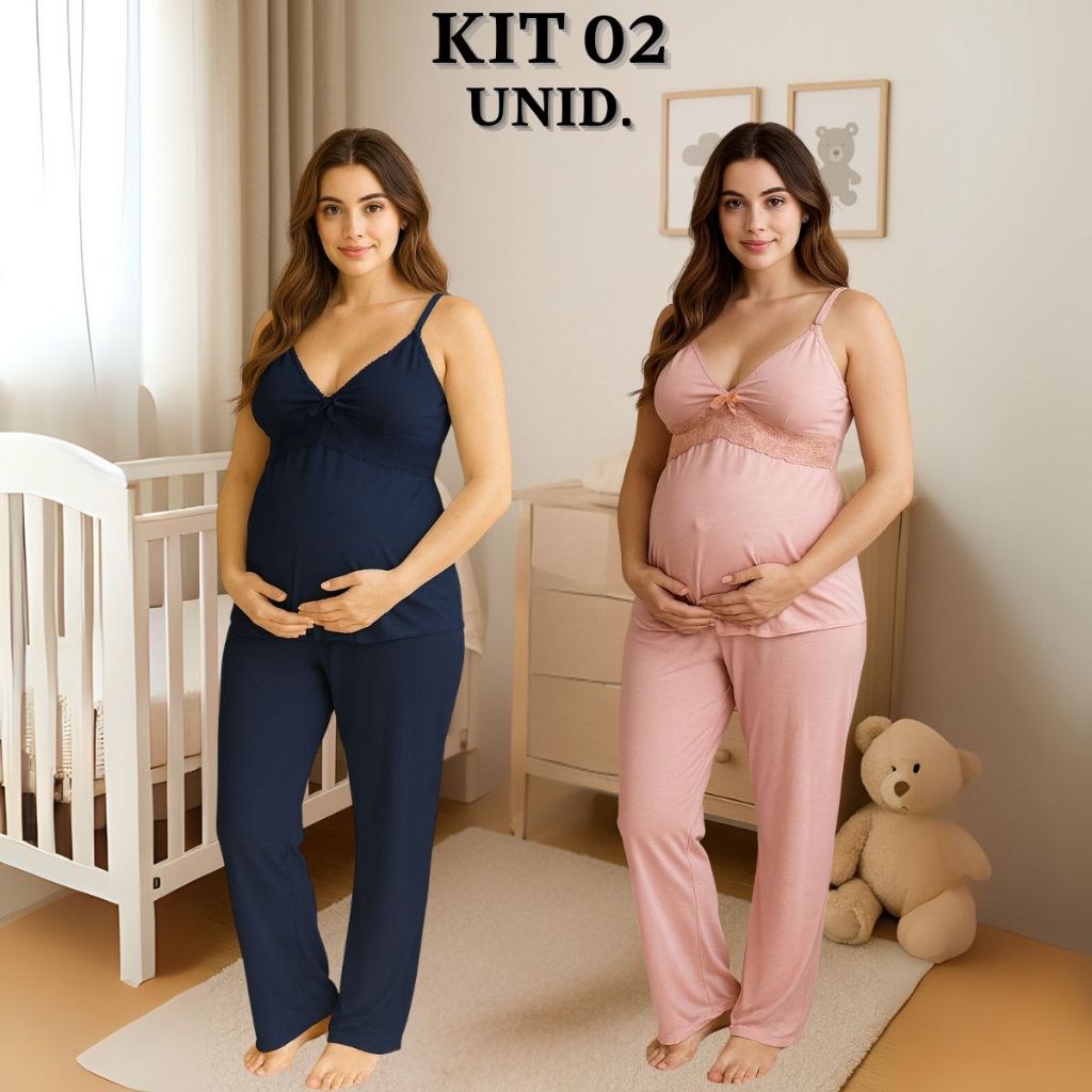 KIT 02 Pijamas Amamentação com Renda e Blusa abe