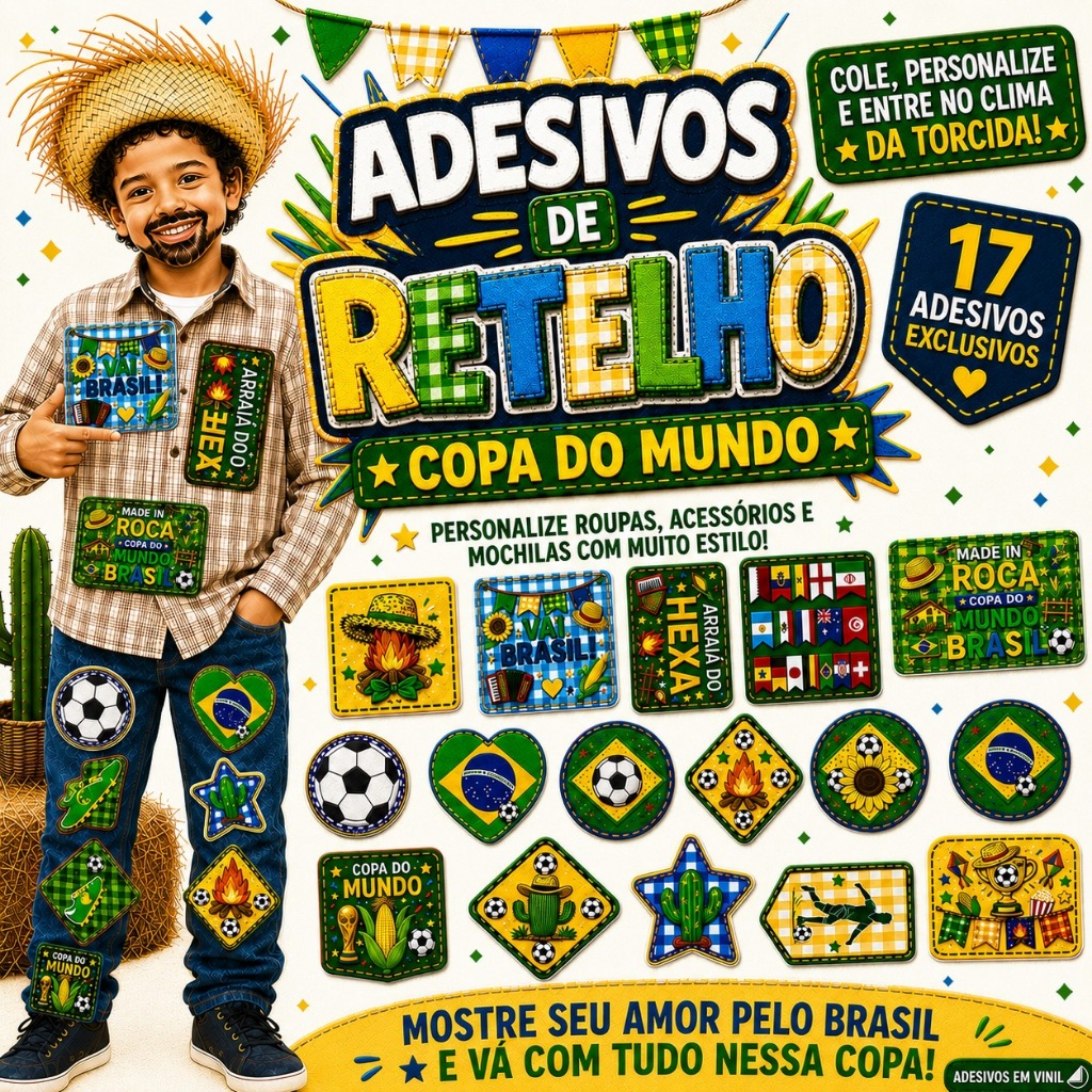 Kit Adesivos de Retalho Copa do Mundo para Roupa  