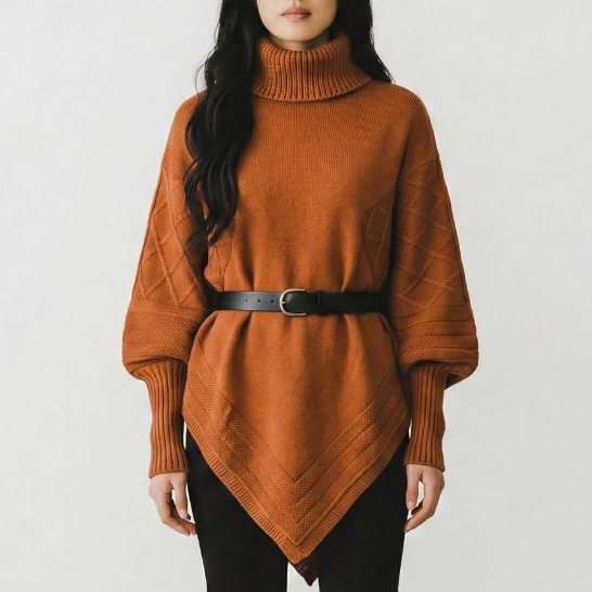 LançamentoPoncho Feminino Tricot Gola Alta Punho 