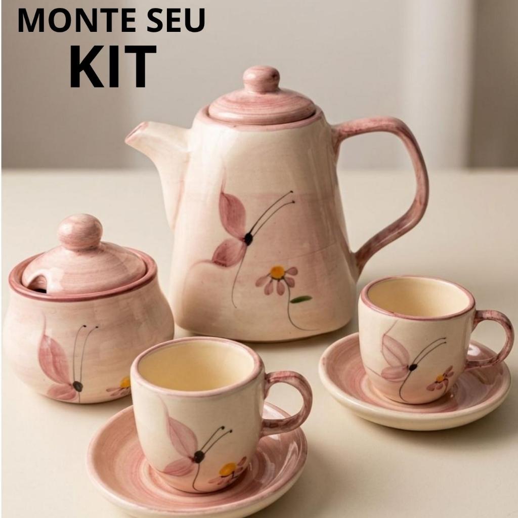 Jogo de Xícara Café Completo Cerâmica Rosa Flor
