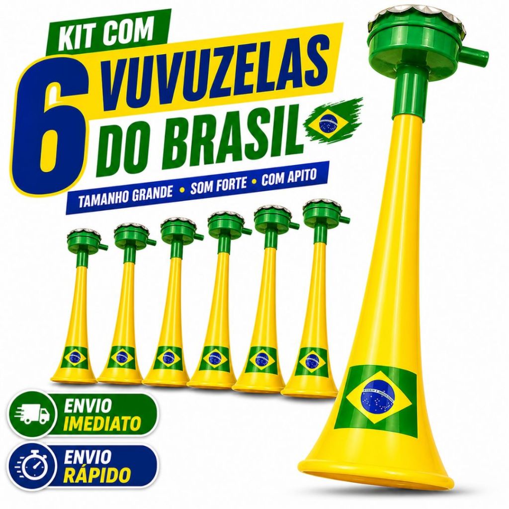 Kit 6 Vuvuzelas Bandeira do Brasil Grande Com Apit