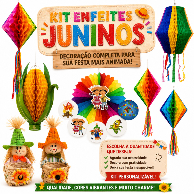 Kit Enfeites de Pendurar Junino 3D Colorido de Pap