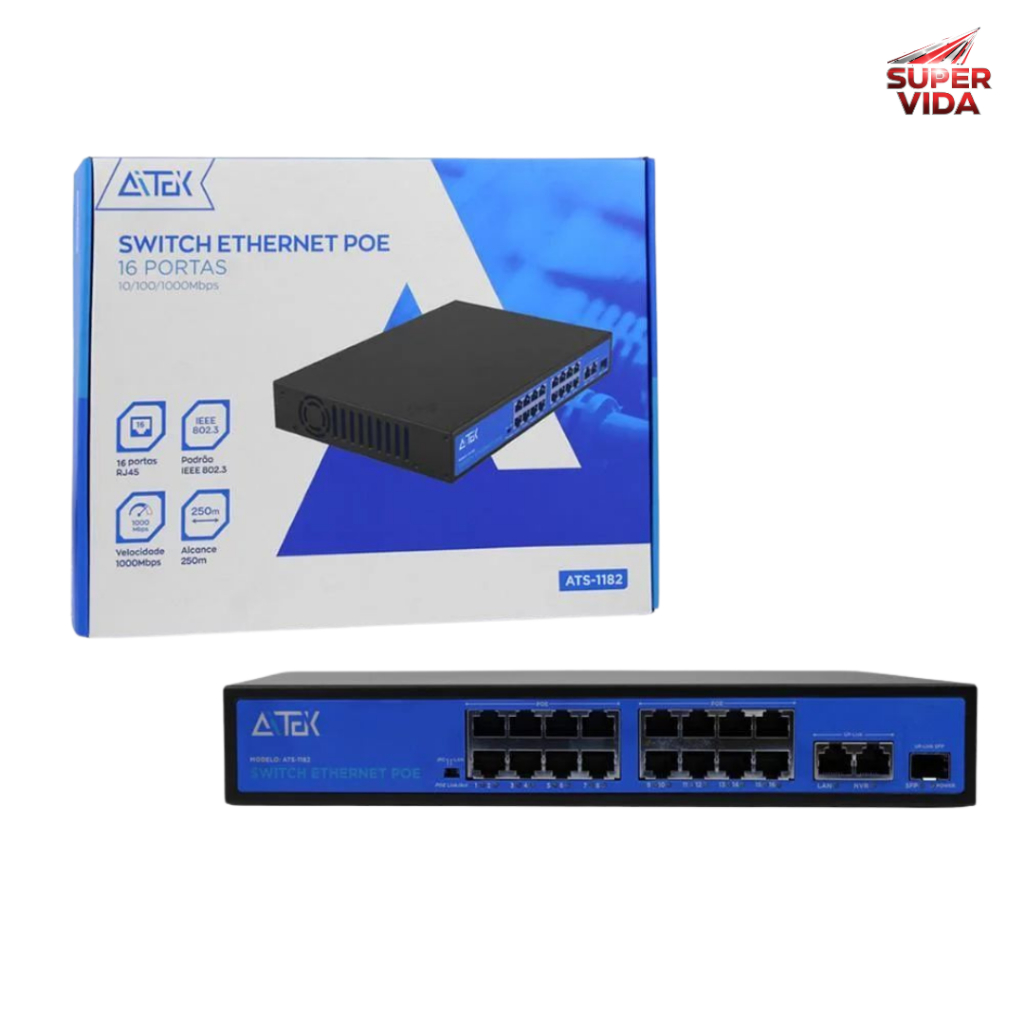 Switch Ethernet PoE 8/16 Portas 10/100/1000Mbps Id