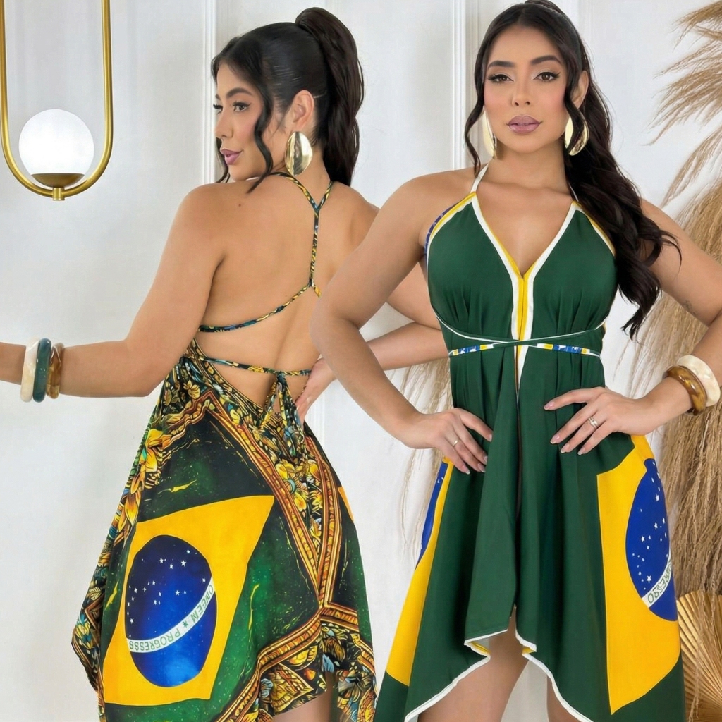 Vestido Feminino Brasil Copa 2026 Bandeira Frente 