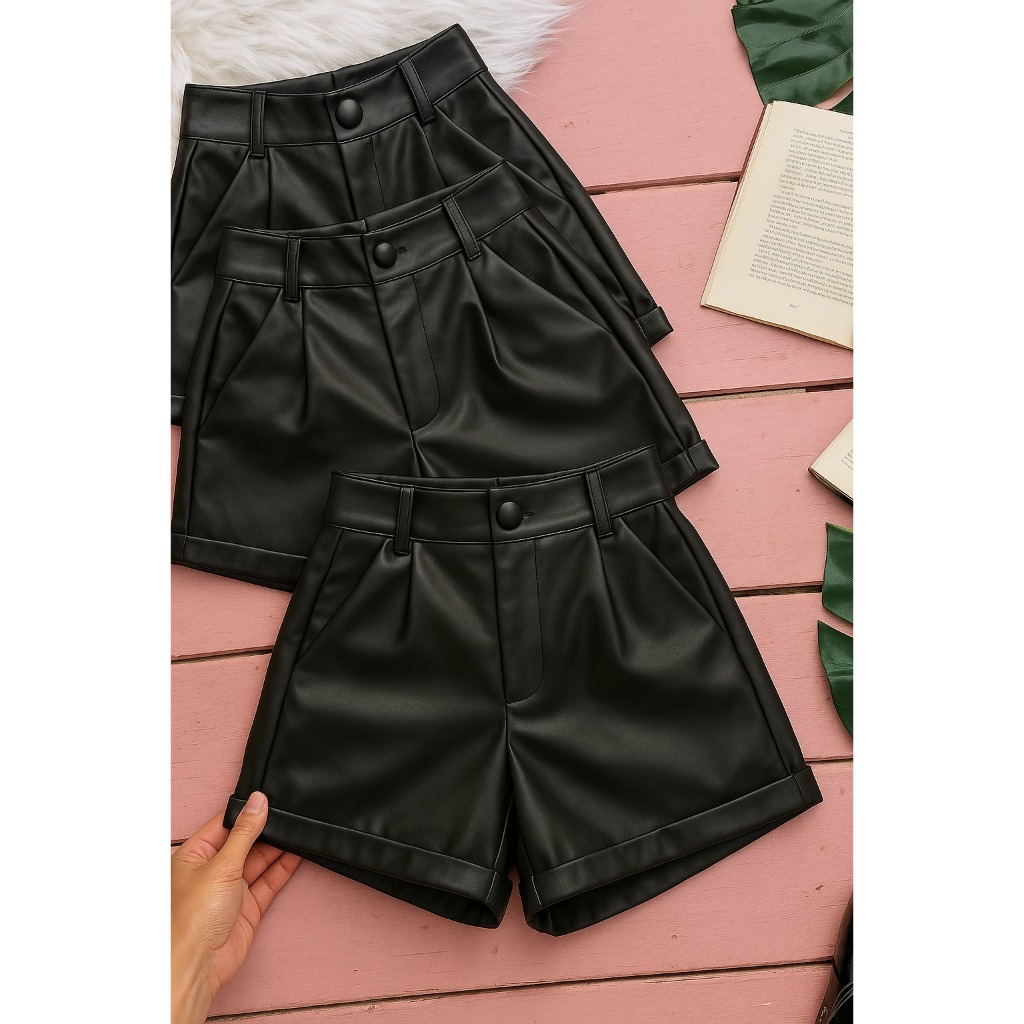 Short Feminino de Couro Sintético, Couro Fake ,  