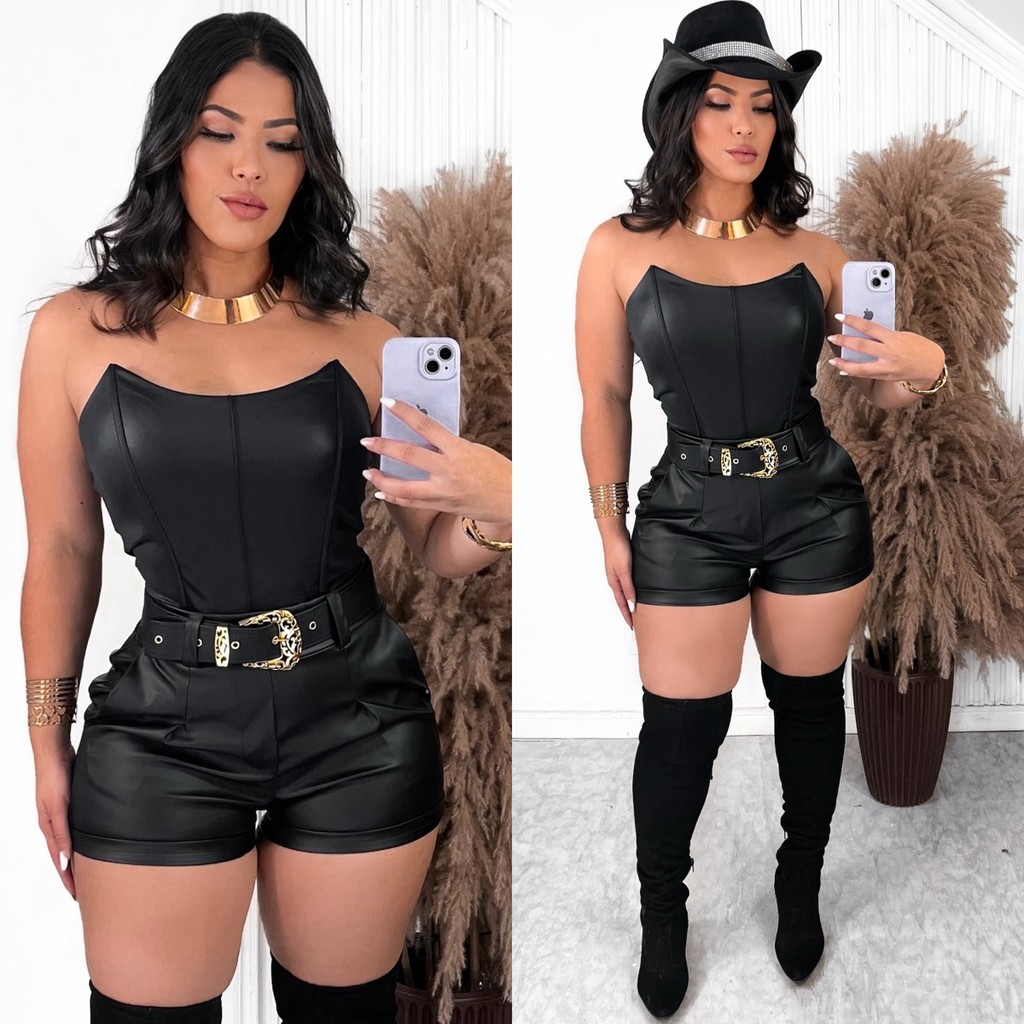 Conjunto Shorts couro eco com cinto De Fivela e Bo