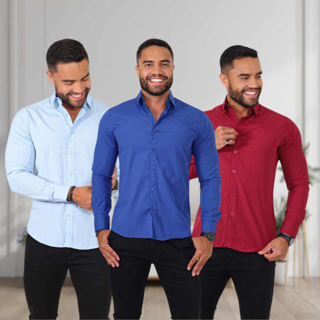 Kit de 3 camisa social masculina manga longa lisa 