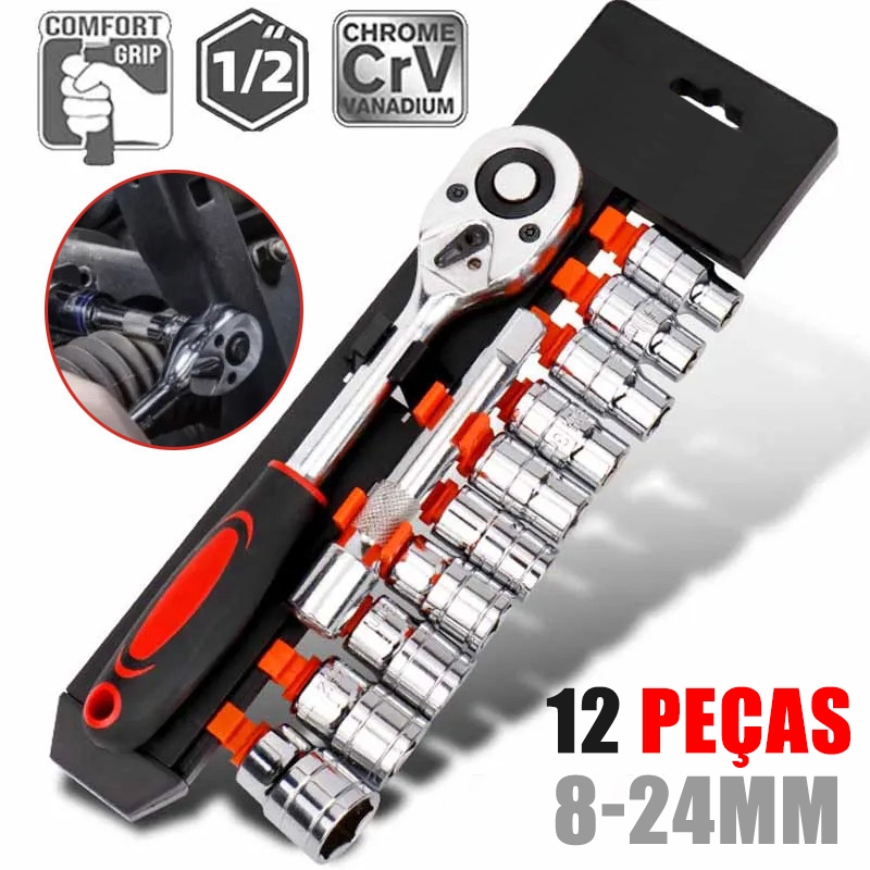 Jogo De Soquete 8 A 24MM Com 1/2 Chave Catraca 12 