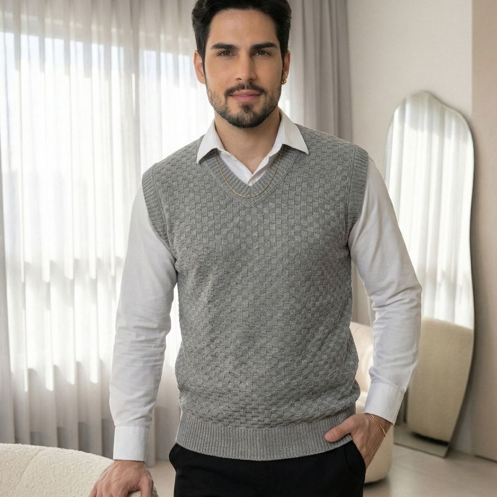 Tricot Colete Gola V Texturizado Inverno Luxo Tend