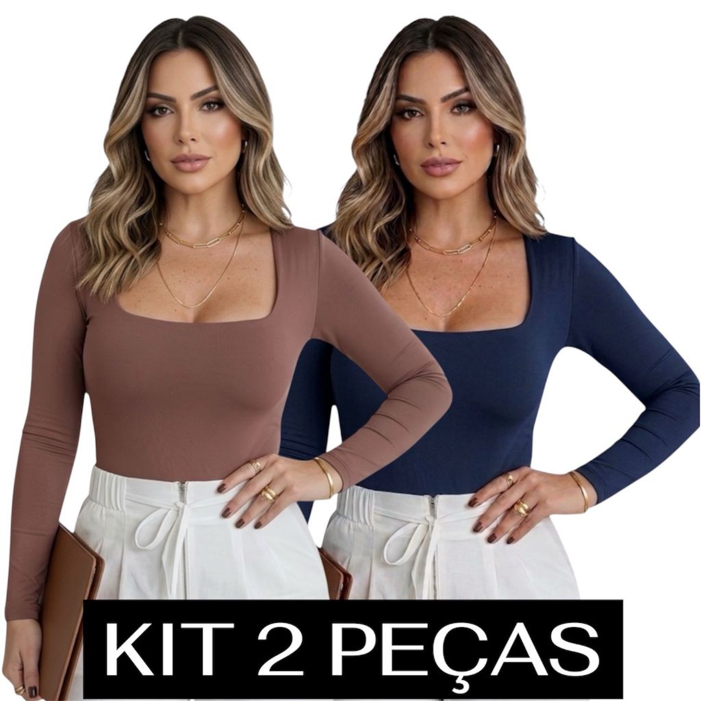 Kit 2 Blusa Feminina Manga Longa Suplex Decote Qua