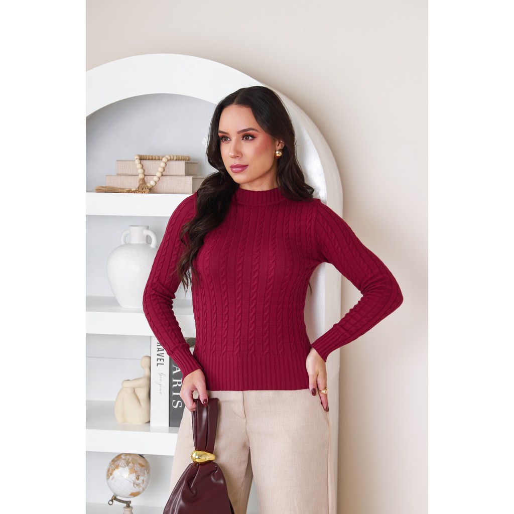 Blusa Feminina Tricô Modal Trancinha Manga Longa 